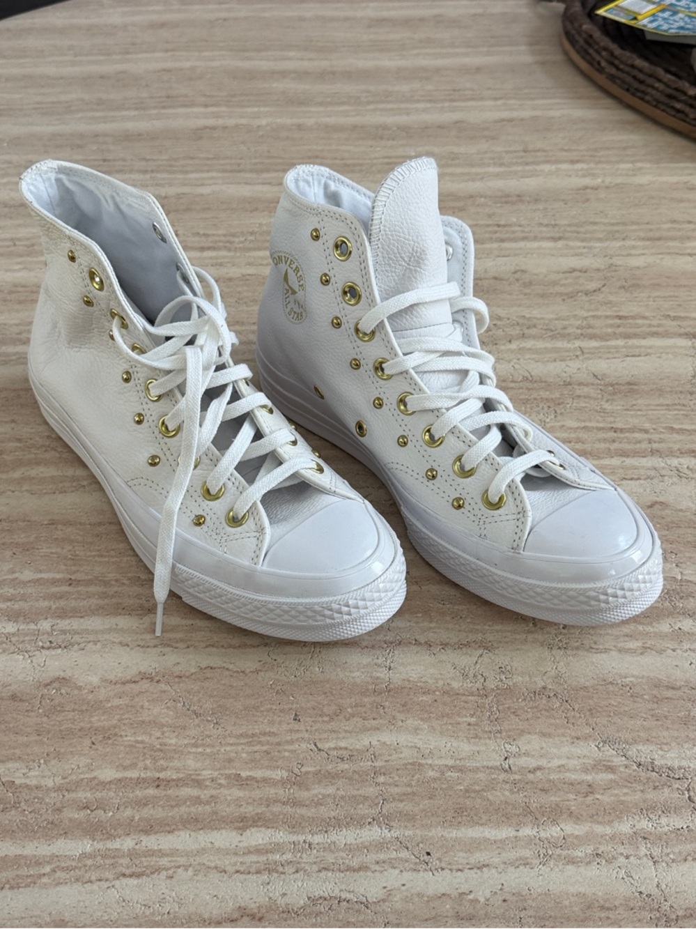 Converse White High-Top Sneakers with Gold Eyelets